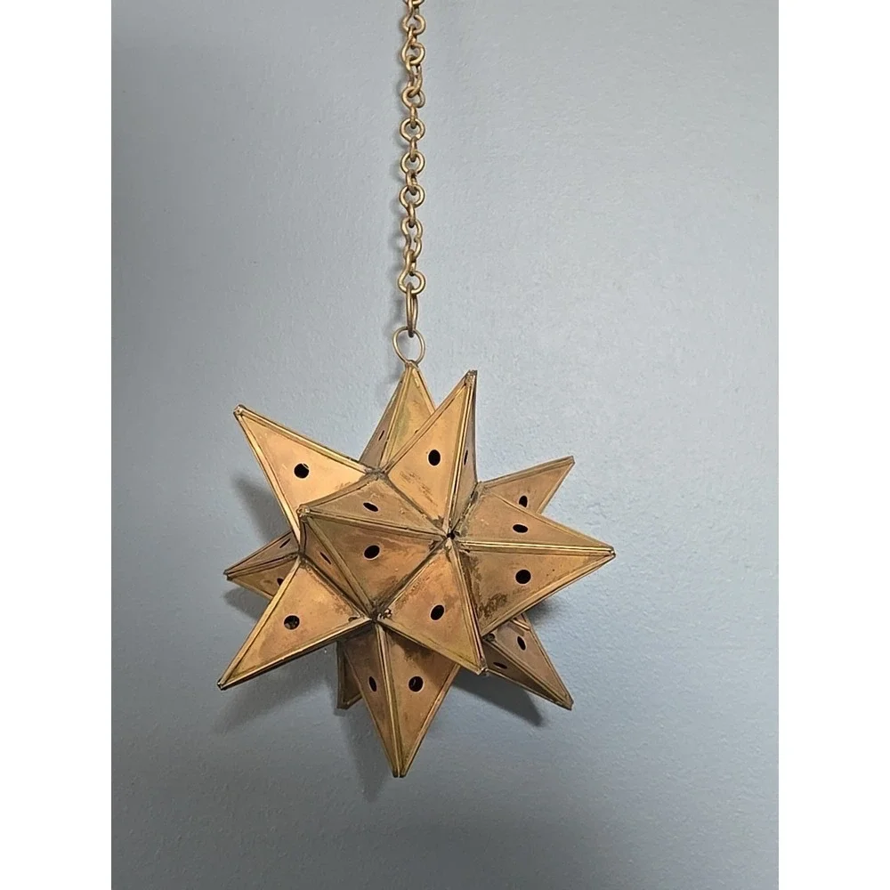 Vtg. Moravian Star Pierced Metal Votive Candle Pendant Hanging Light 6
